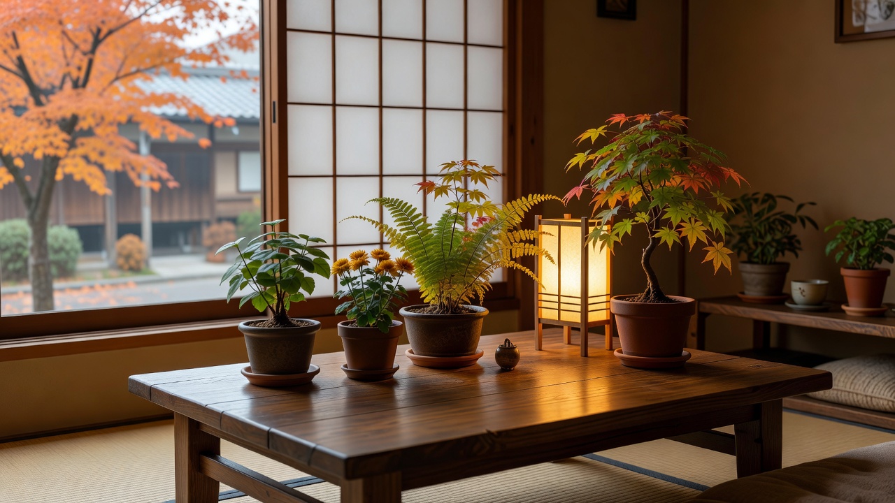 秋のテーブルに並べられた観葉植物