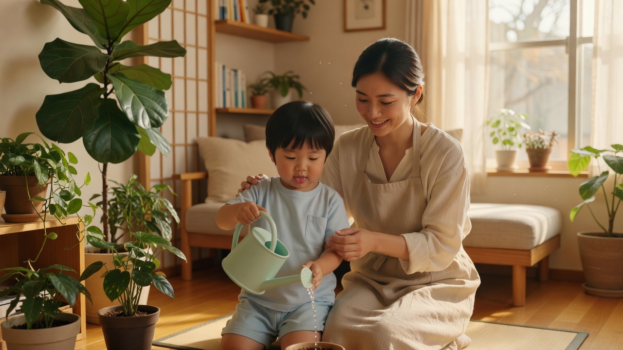 親子で植物のお世話をしている様子