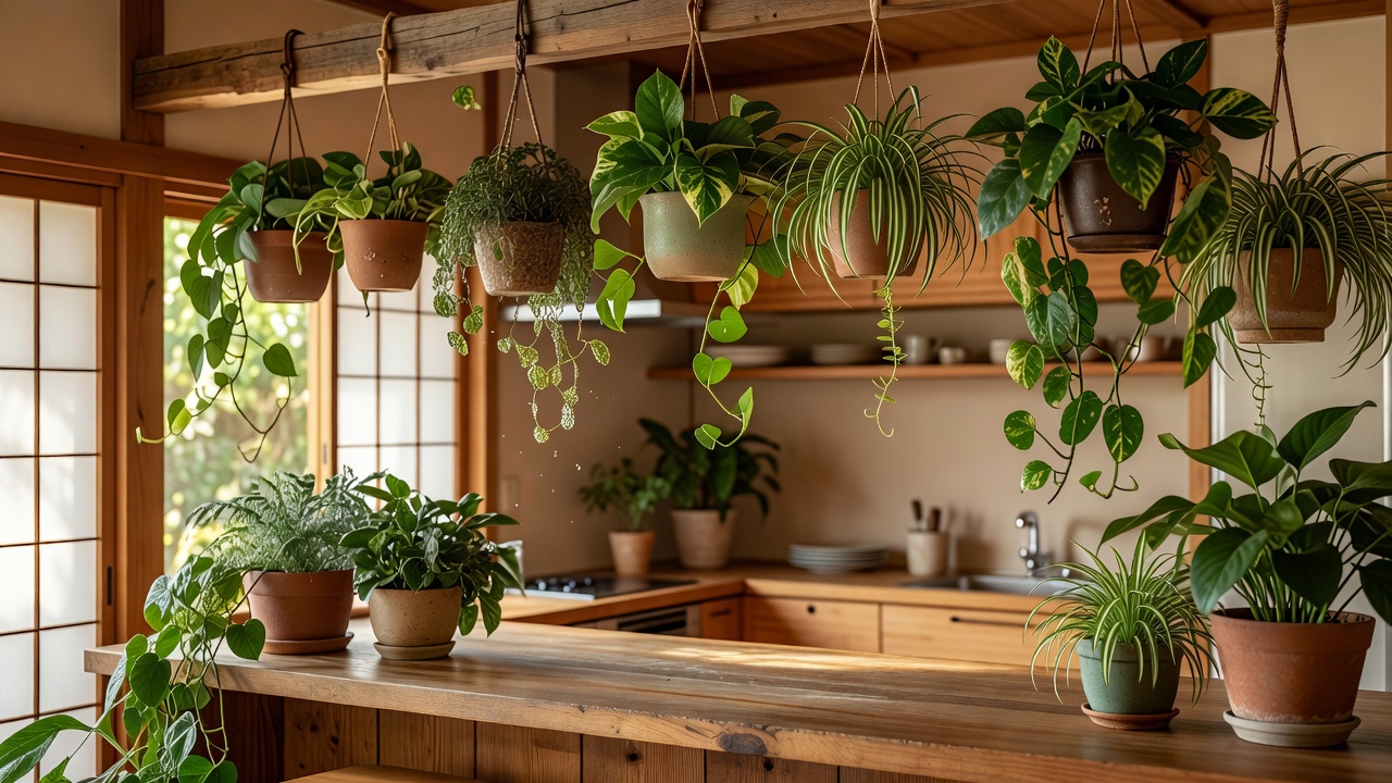キッチンに吊るされた観葉植物とハーブ