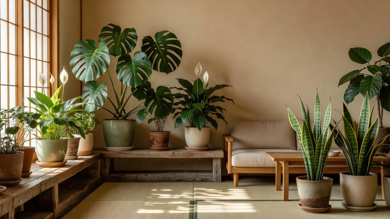 東京のアパートメントのリビングに置かれた観葉植物の朝の風景