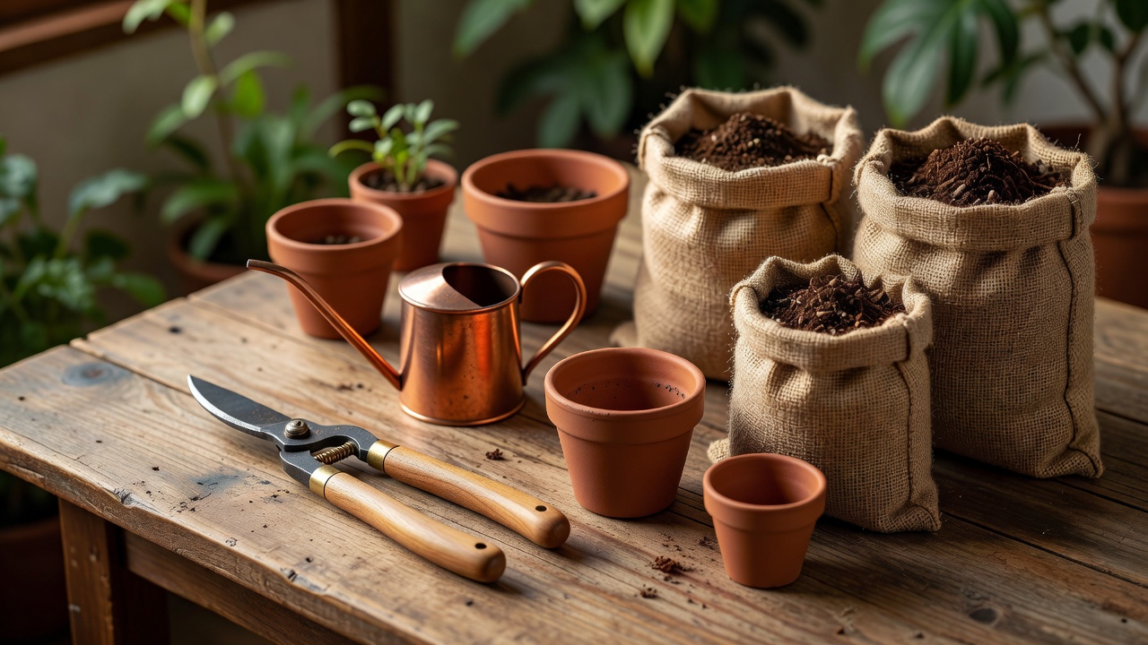 植物のお手入れに使う道具の並び
