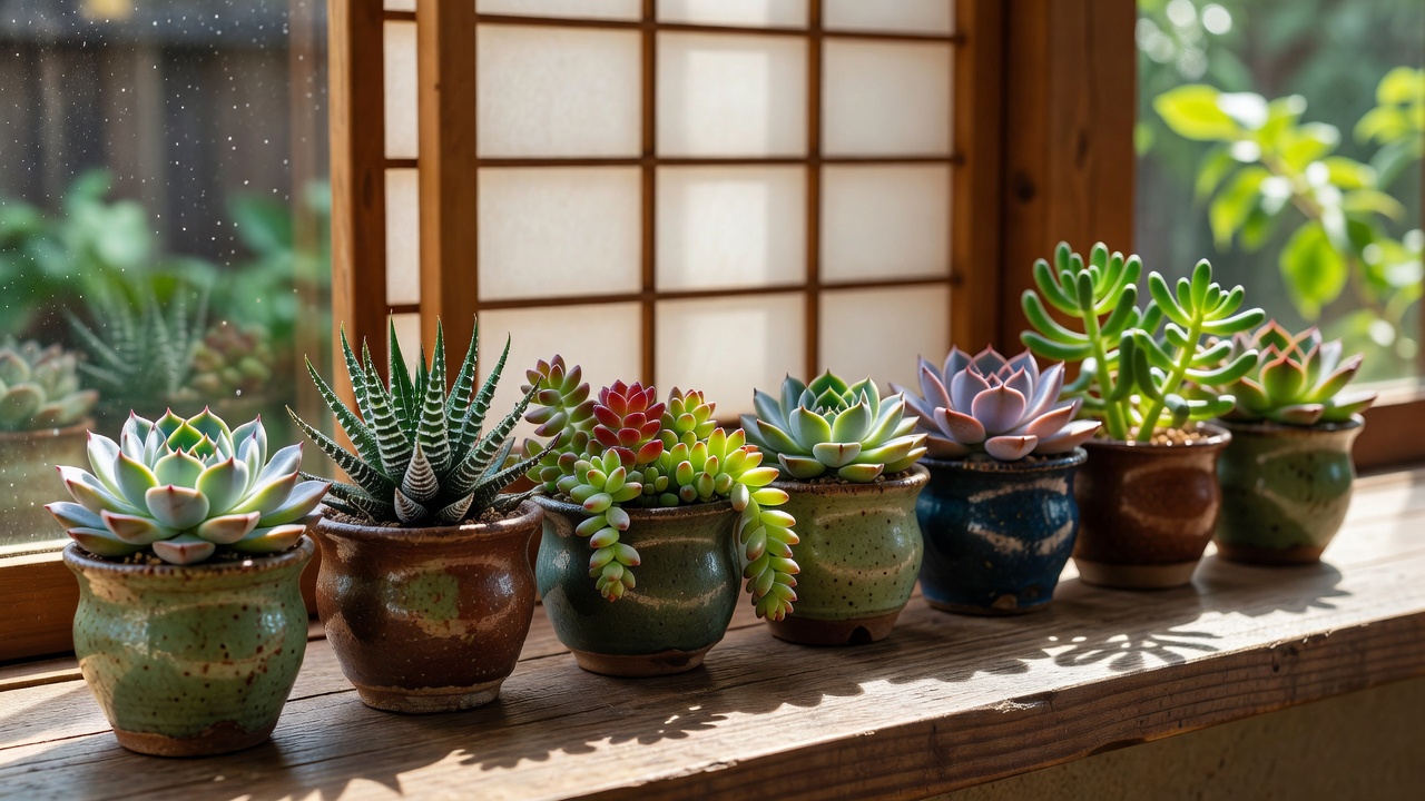 窓辺に並ぶ多肉植物の陶器鉢